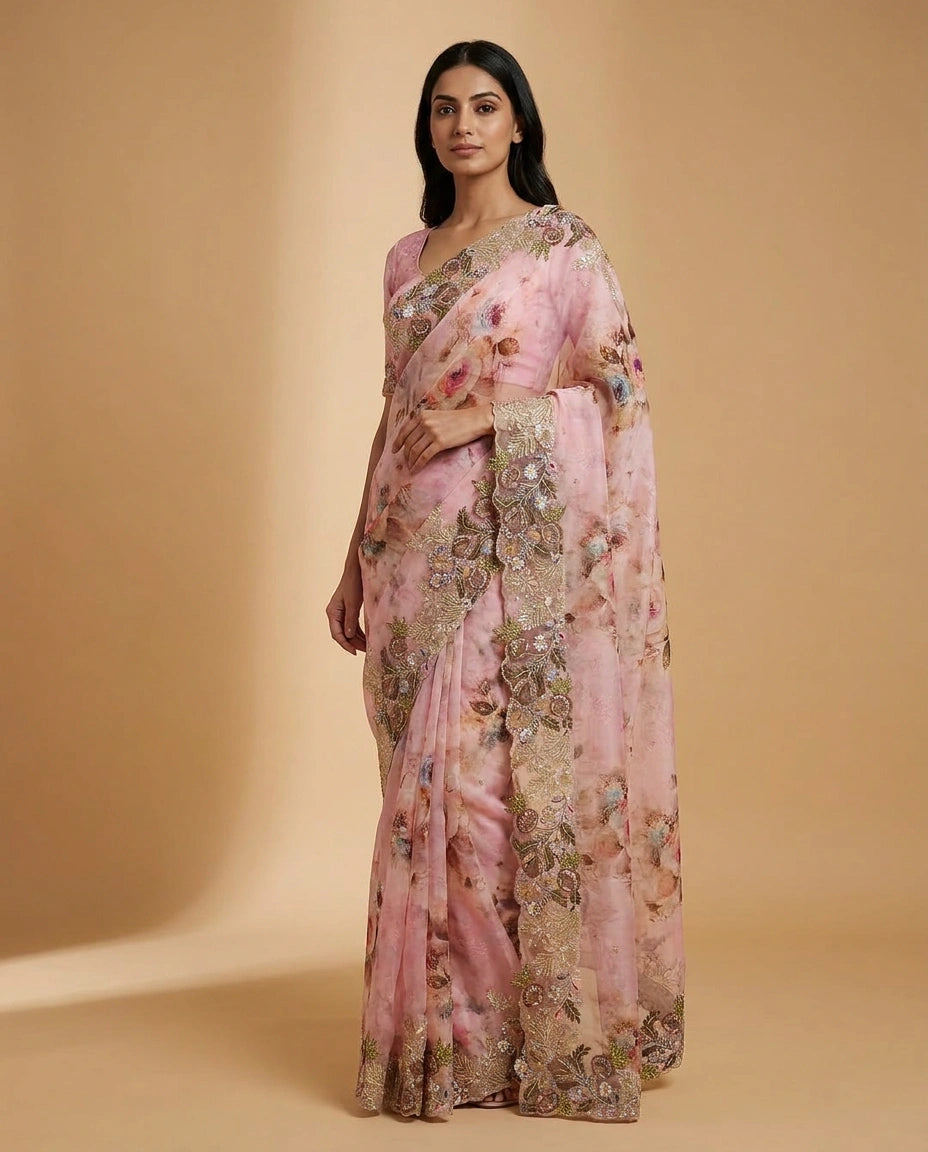 Mauvish Pink Georgette Saree with Hand-Applied Sequin Embroidery Work