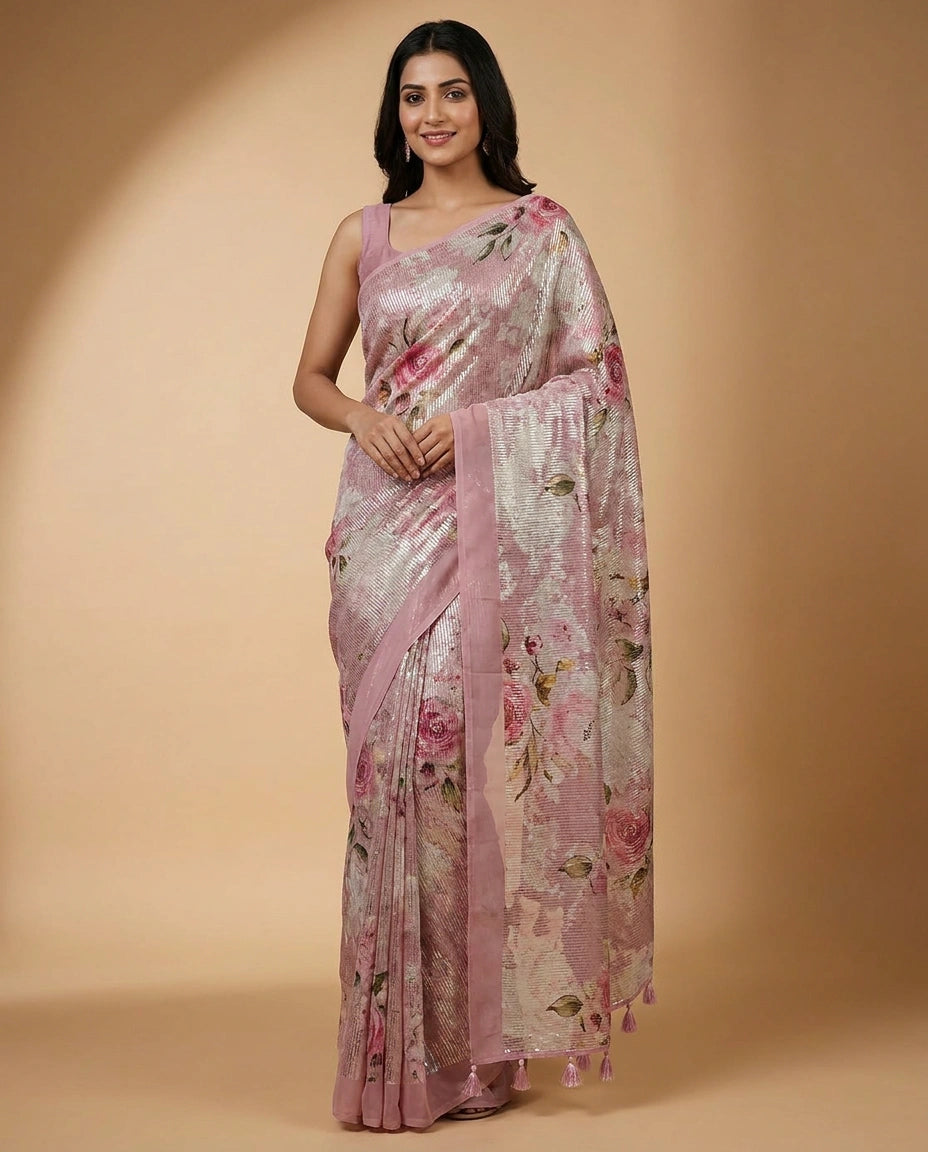 Mauvish Pink Designer Georgette Saree with Thread and Sequin Embroidery