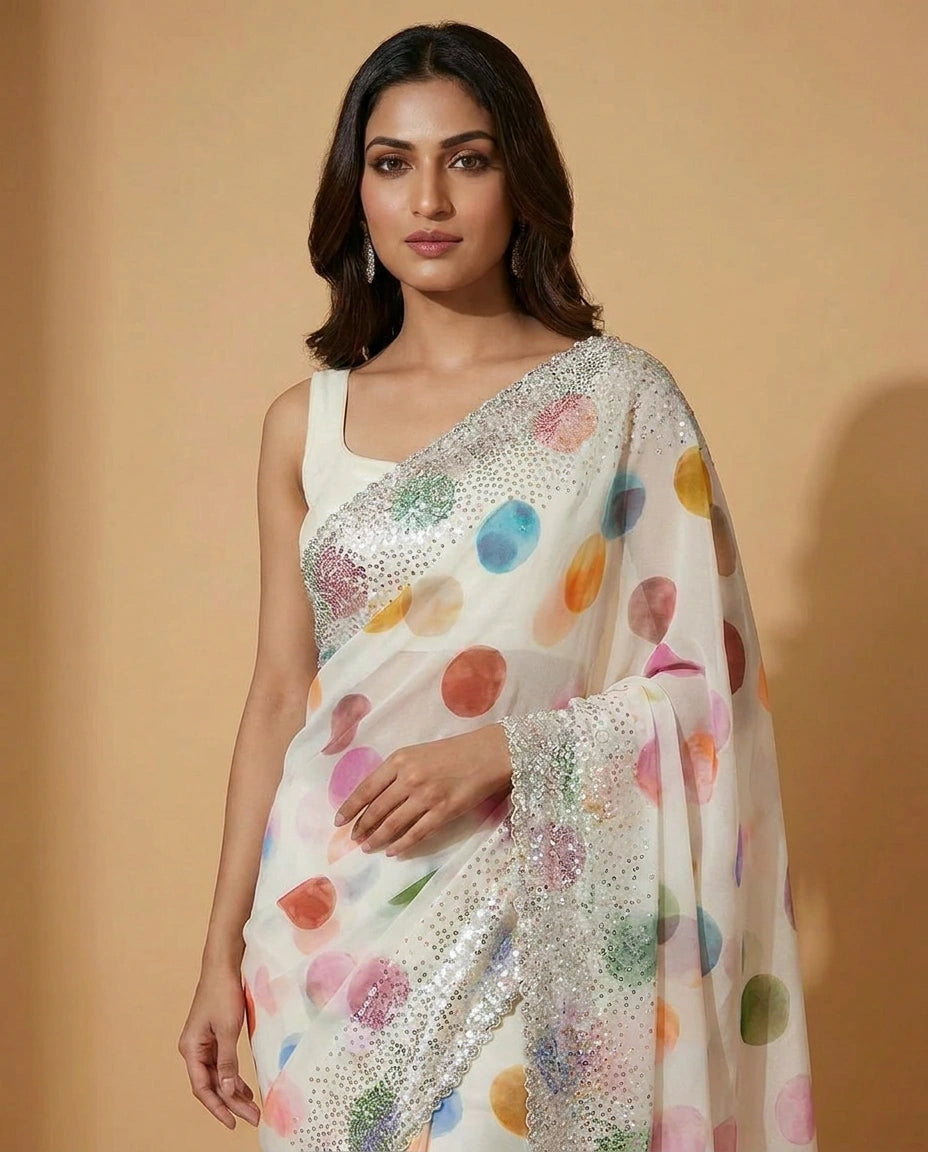 Georgette Saree with Resham Thread and Sequin Border Work view 2