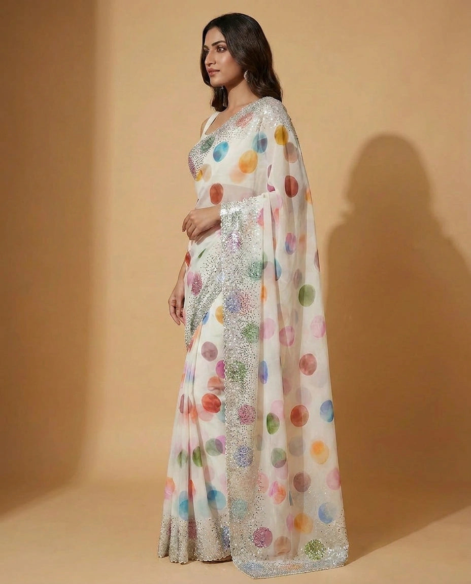 Georgette Saree with Resham Thread and Sequin Border Work view 3