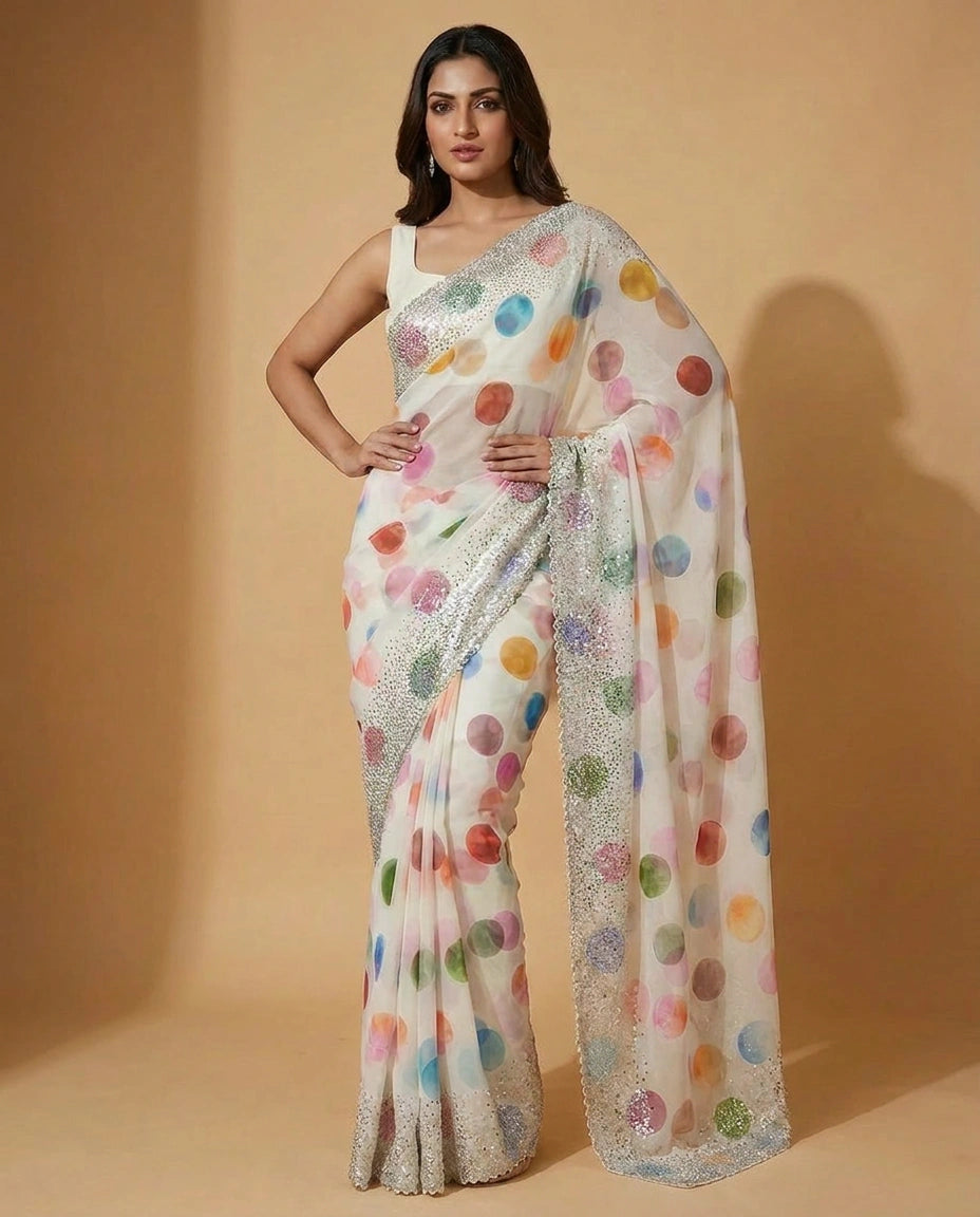 Georgette Saree with Resham Thread and Sequin Border Work view 4