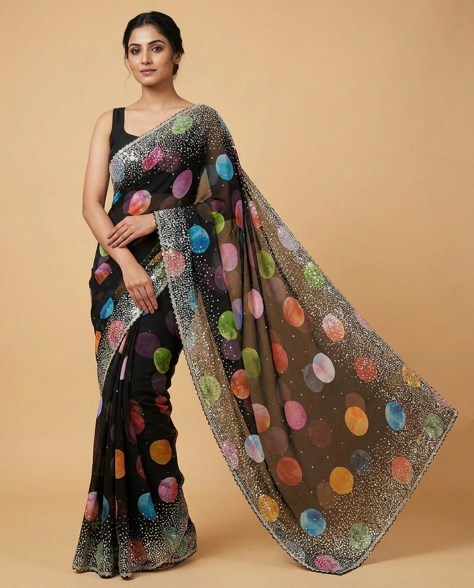 Georgette Saree with Resham Thread and Sequin Border Work view 5