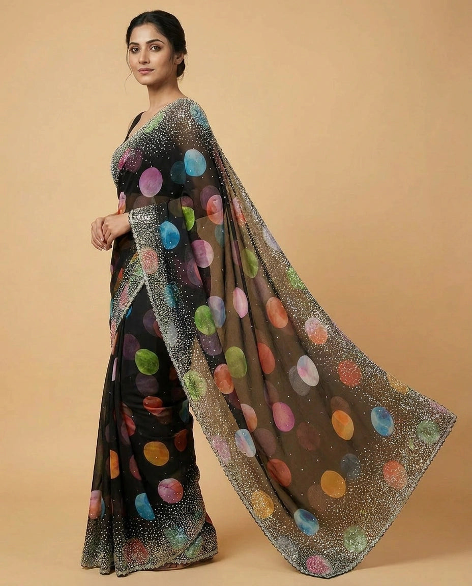 Georgette Saree with Resham Thread and Sequin Border Work view 7