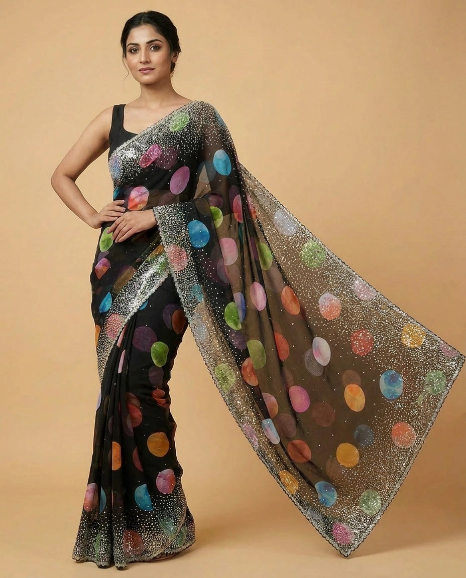 Georgette Saree with Resham Thread and Sequin Border Work view 8