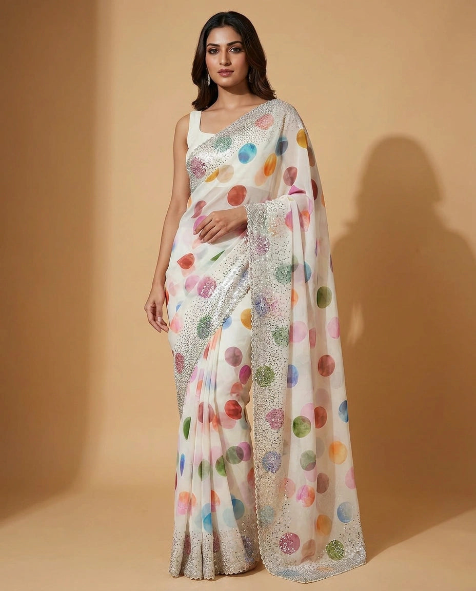 Off White Georgette Saree with Resham Thread and Sequin Border Work