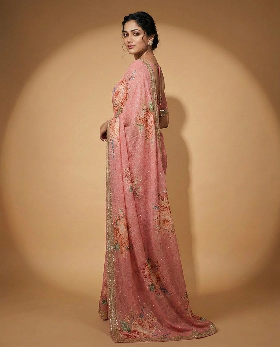 Georgette Designer Saree with Hand Embroidery view 3