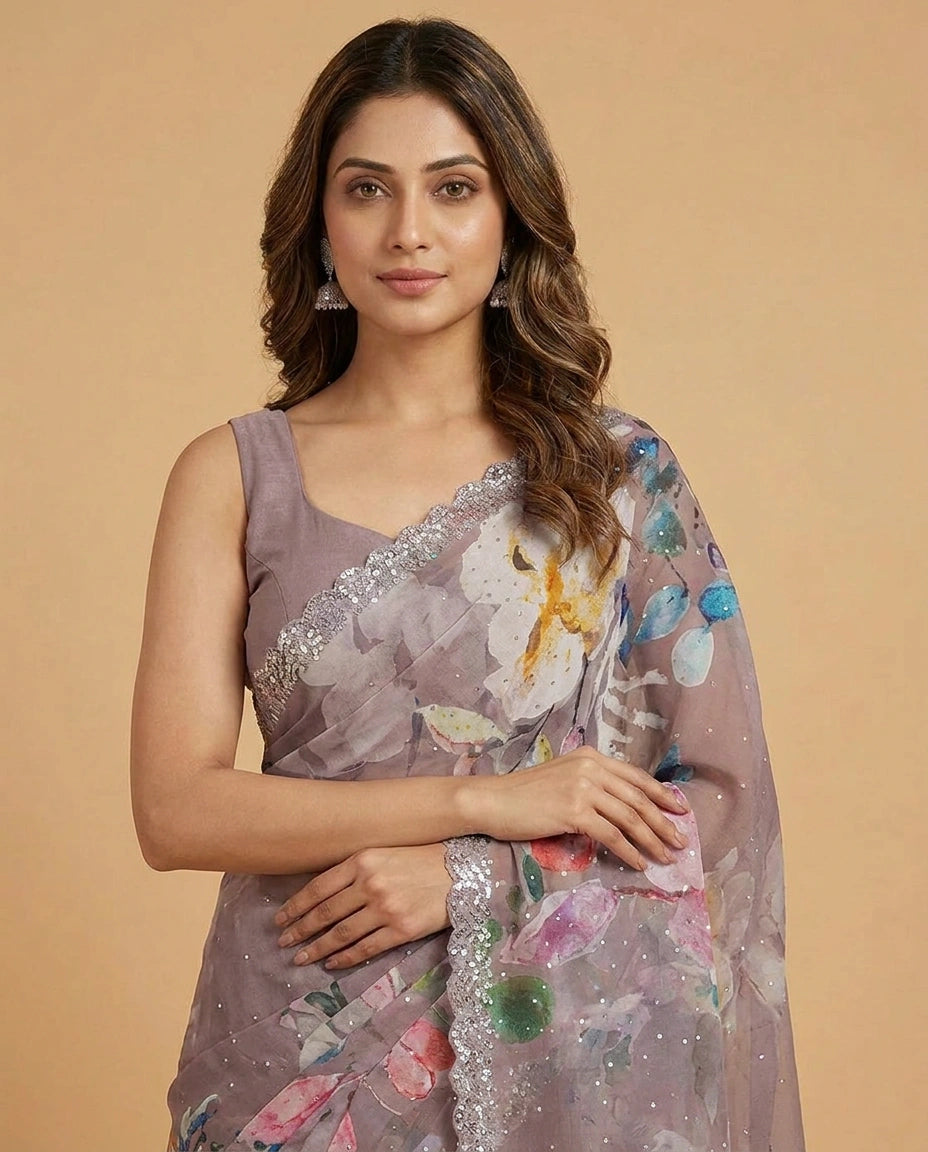 Georgette Saree with Foil Print and Sequin Work Online India - Rangoli India