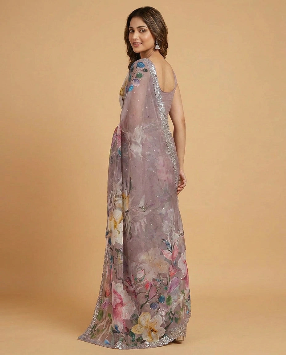Georgette Saree with Foil Print and Sequin Work Online India - Rangoli India