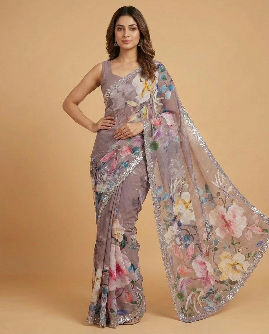 Georgette Saree with Foil Print and Sequin Work Online India - Rangoli India