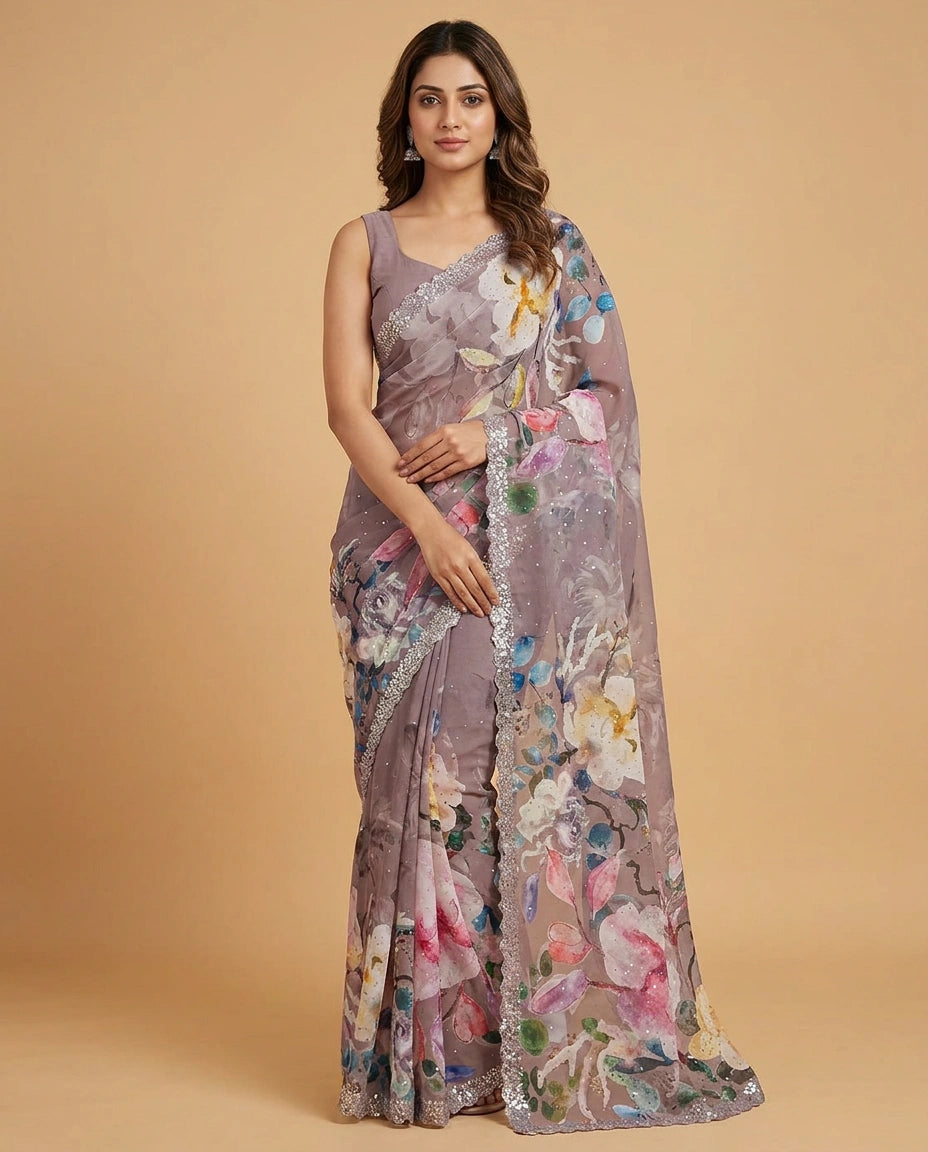 Georgette Saree with Foil Print and Sequin Work Online India - Rangoli India