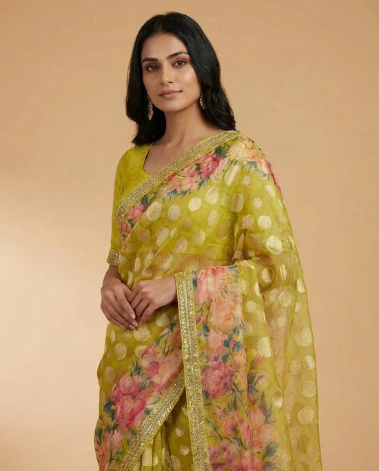 Organza Saree with Foil Print and Sequin Work Online India - Rangoli India