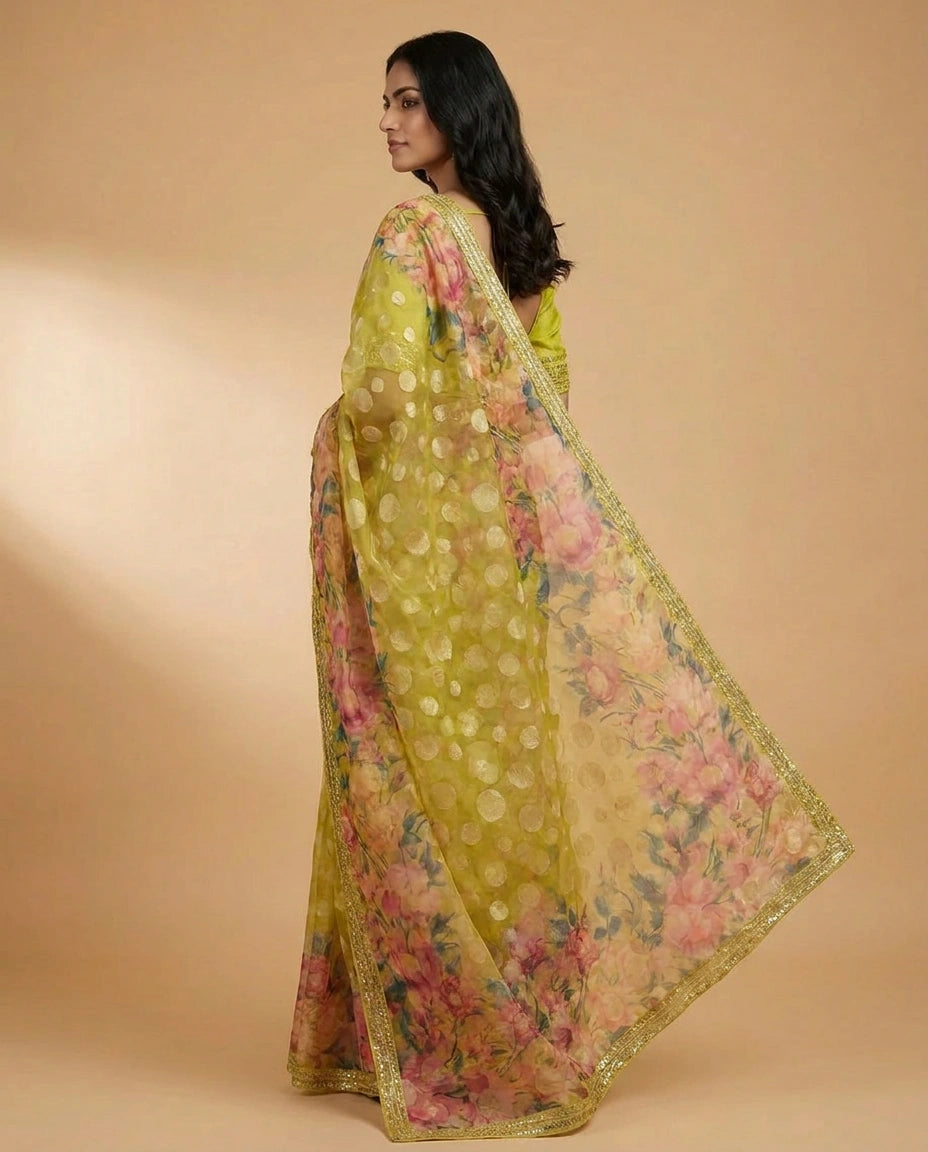 Organza Saree with Foil Print and Sequin Work Online India - Rangoli India