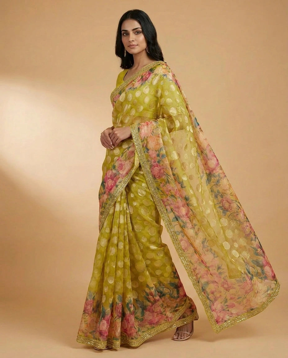 Organza Saree with Foil Print and Sequin Work Online India - Rangoli India