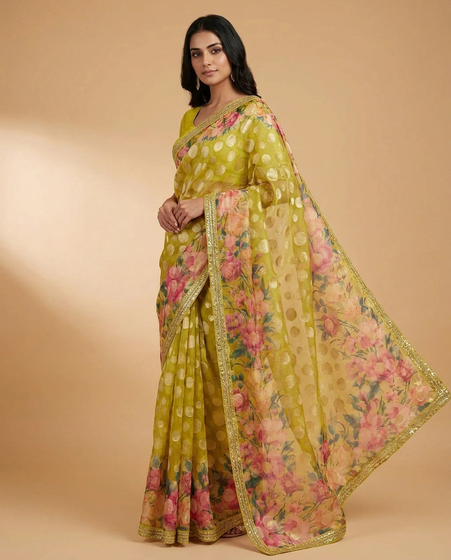 Organza Saree with Foil Print and Sequin Work Online India - Rangoli India