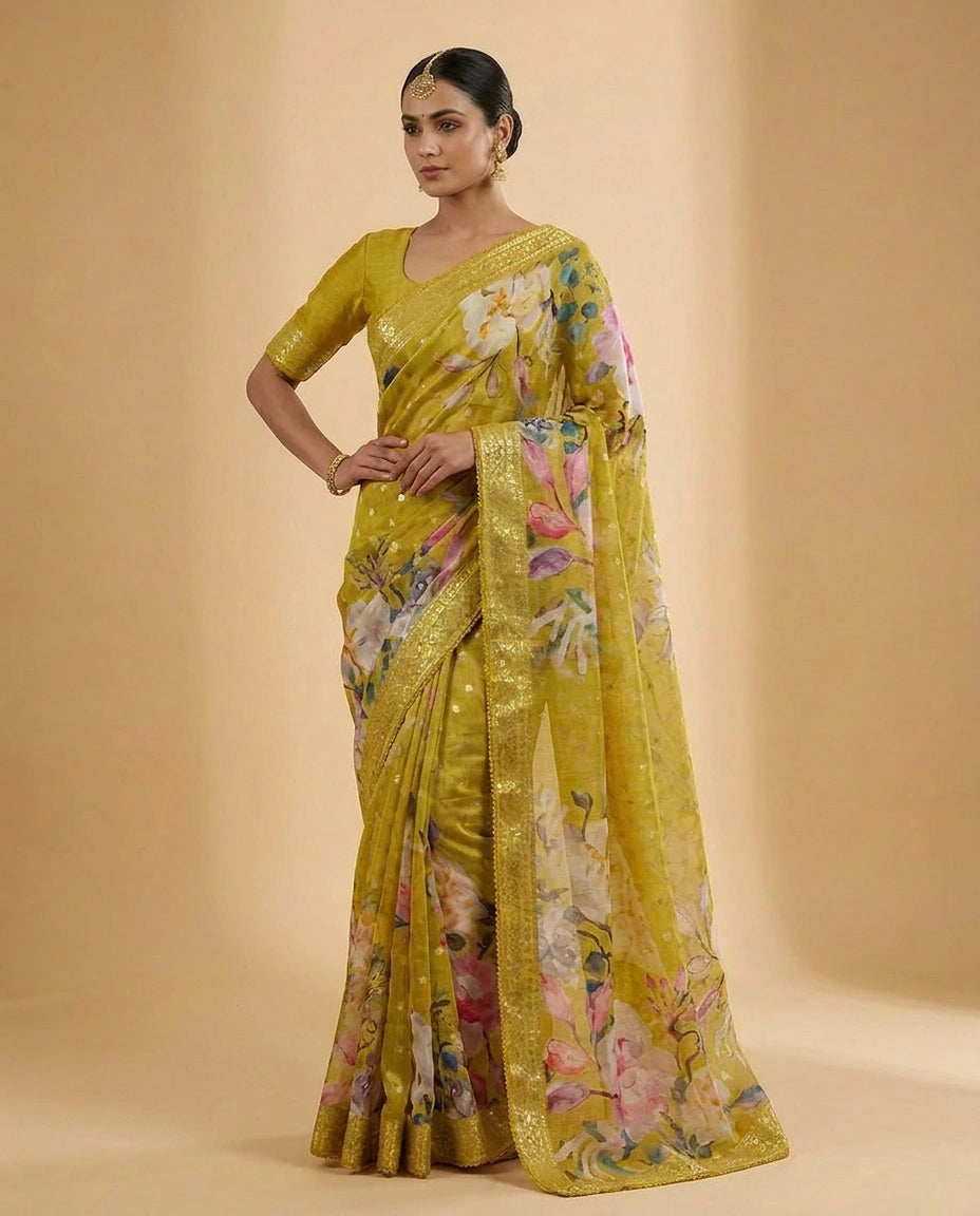 Georgette Saree with Foil Print and Sequin Work for Women - Rangoli India
