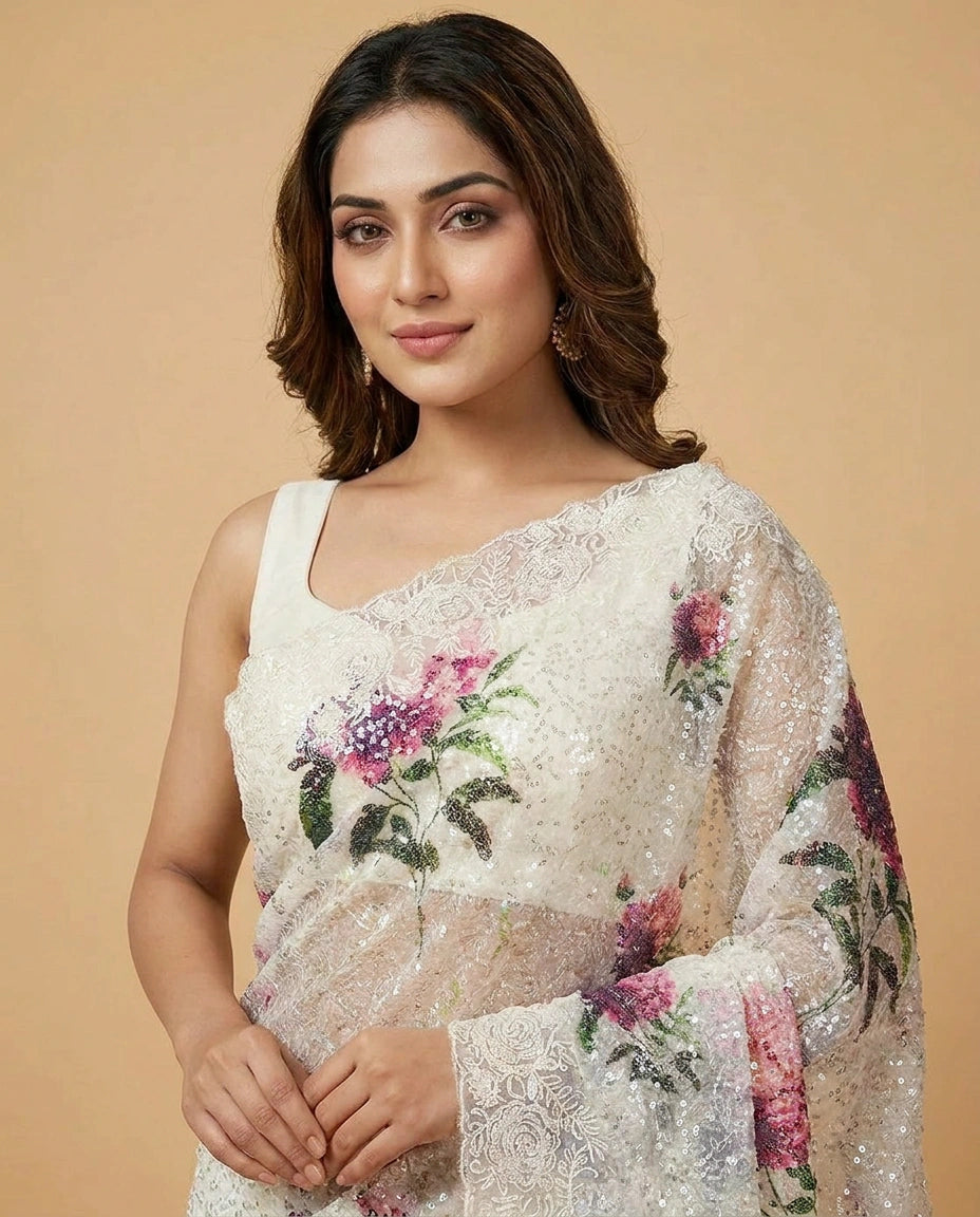 Georgette Saree with Hand-Embroidered Sequin Floral Motifs view 2