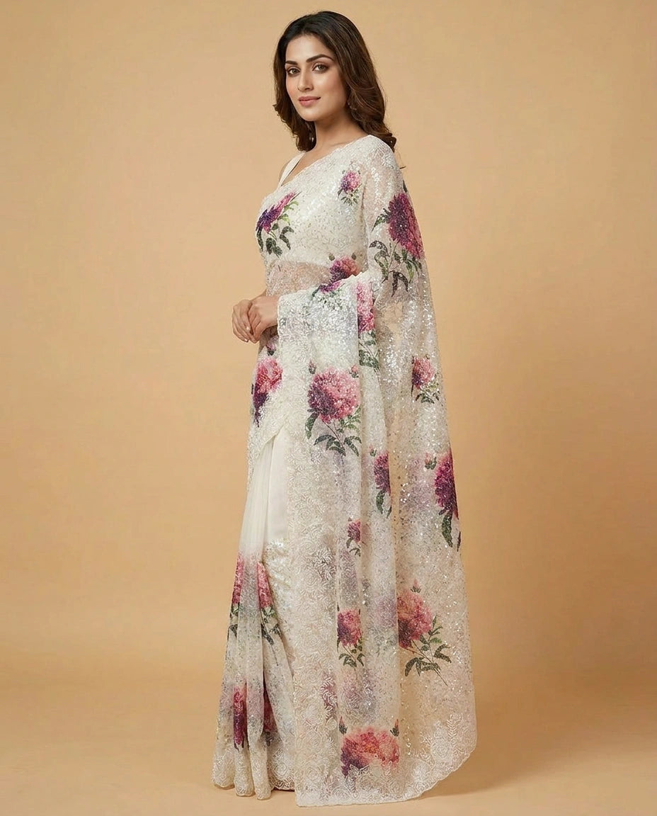 Georgette Saree with Hand-Embroidered Sequin Floral Motifs view 3