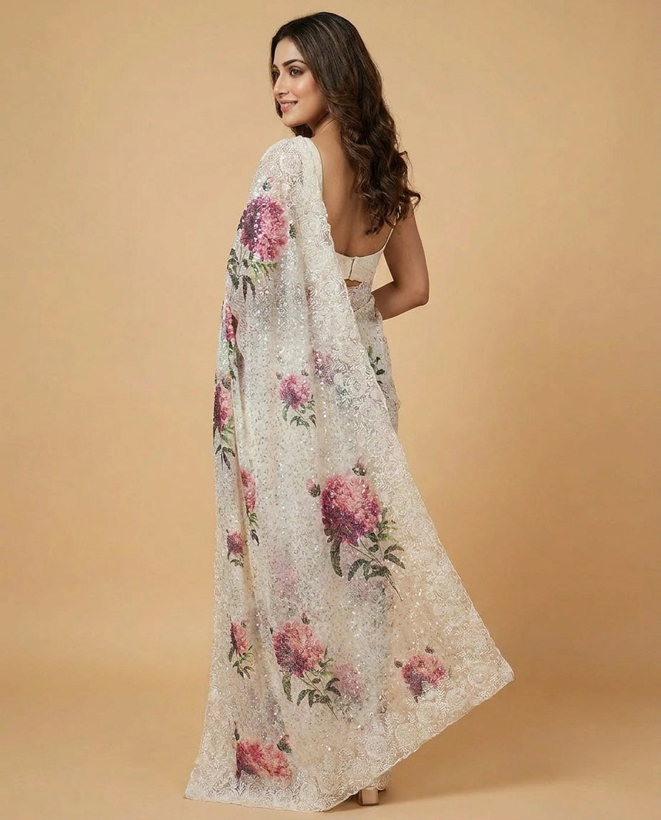 Georgette Saree with Hand-Embroidered Sequin Floral Motifs view 4