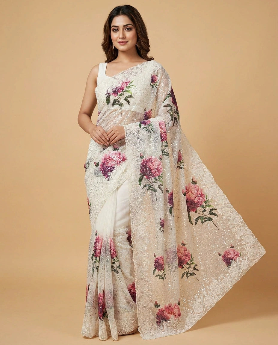 Off White Georgette Saree with Hand-Embroidered Sequin Floral Motifs