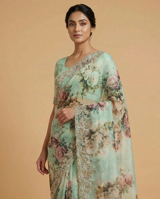 Sky Blue Georgette Saree with Aari Embroidered Pallu