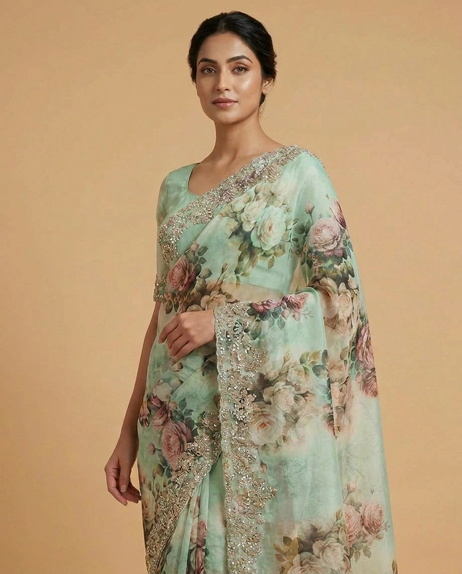 Georgette Saree with Aari Embroidered Pallu Online India - Rangoli India
