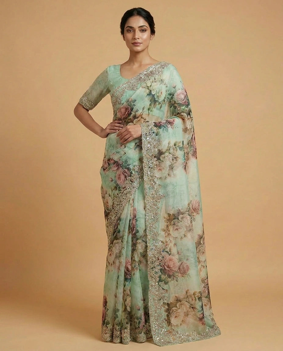 Georgette Saree with Aari Embroidered Pallu Online India - Rangoli India