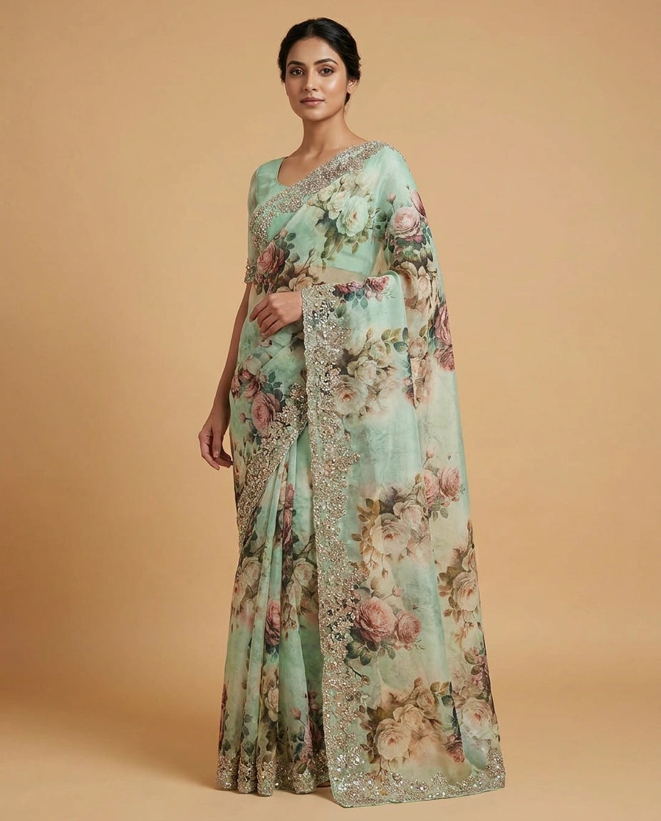 Georgette Saree with Aari Embroidered Pallu Online India - Rangoli India