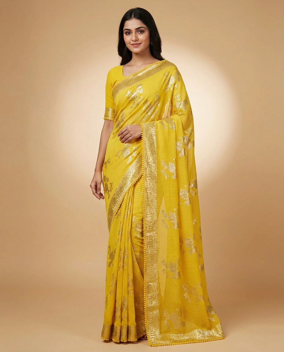 Yellow/Mustard Georgette Saree with Woven-Style Thread Embroidery Border