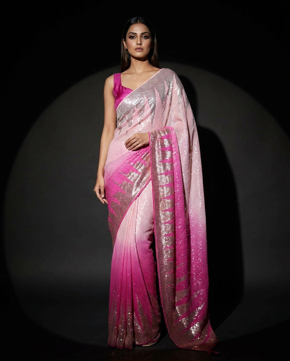 Pink/Rani Georgette Saree with Intricate Sequin and Zari Embroidery