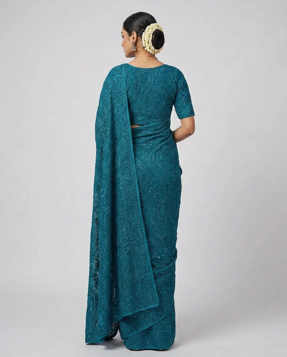Floral Embroidered Georgette Saree with Heavy Sequin Work view 2