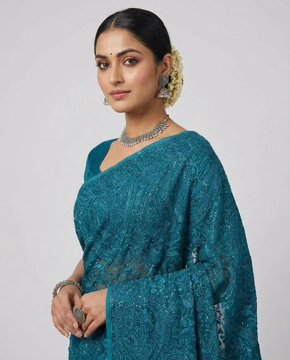 Floral Embroidered Georgette Saree with Heavy Sequin Work view 4