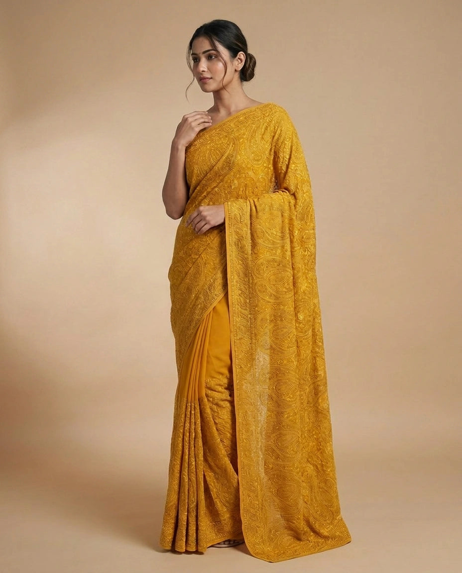 Floral Embroidered Georgette Saree with Heavy Sequin Work view 5