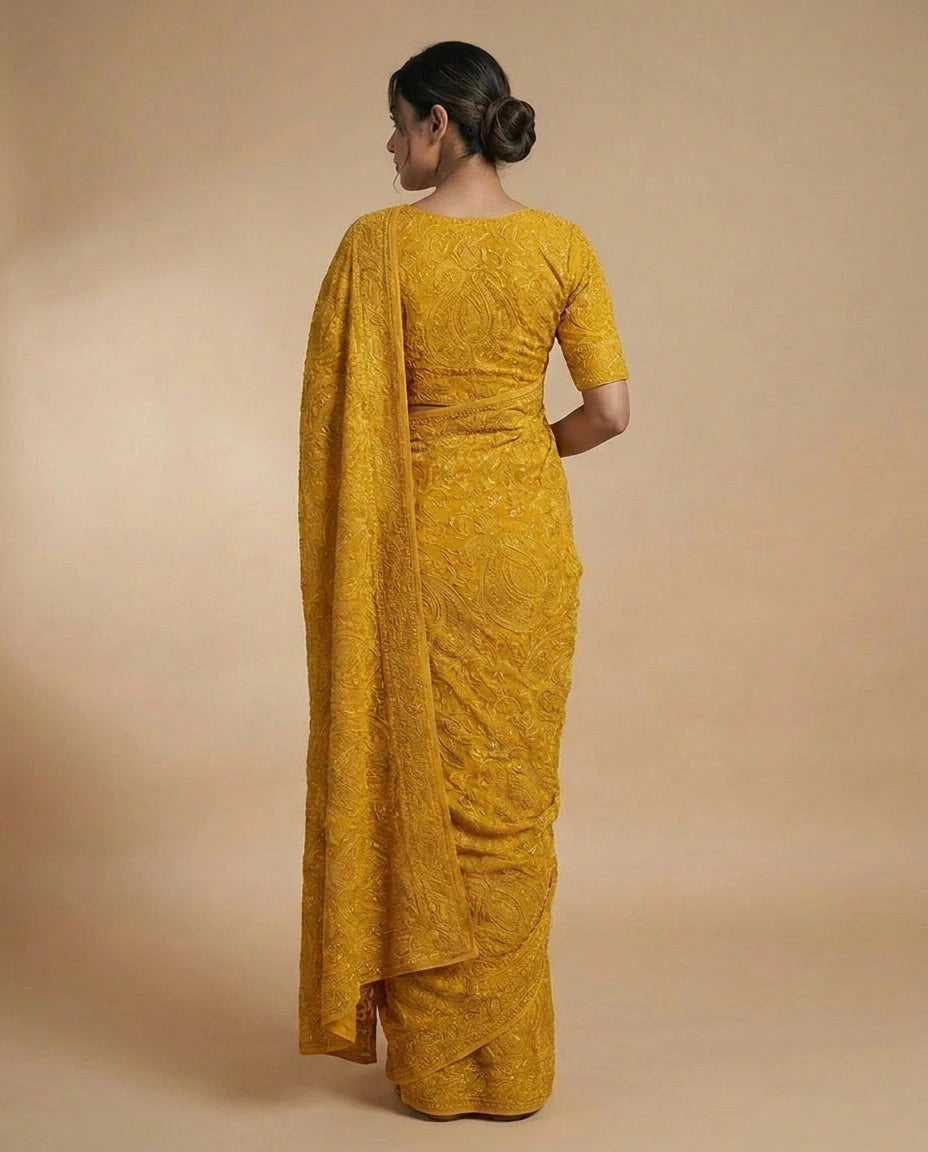 Floral Embroidered Georgette Saree with Heavy Sequin Work view 6