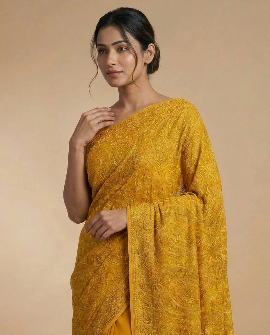 Floral Embroidered Georgette Saree with Heavy Sequin Work view 7