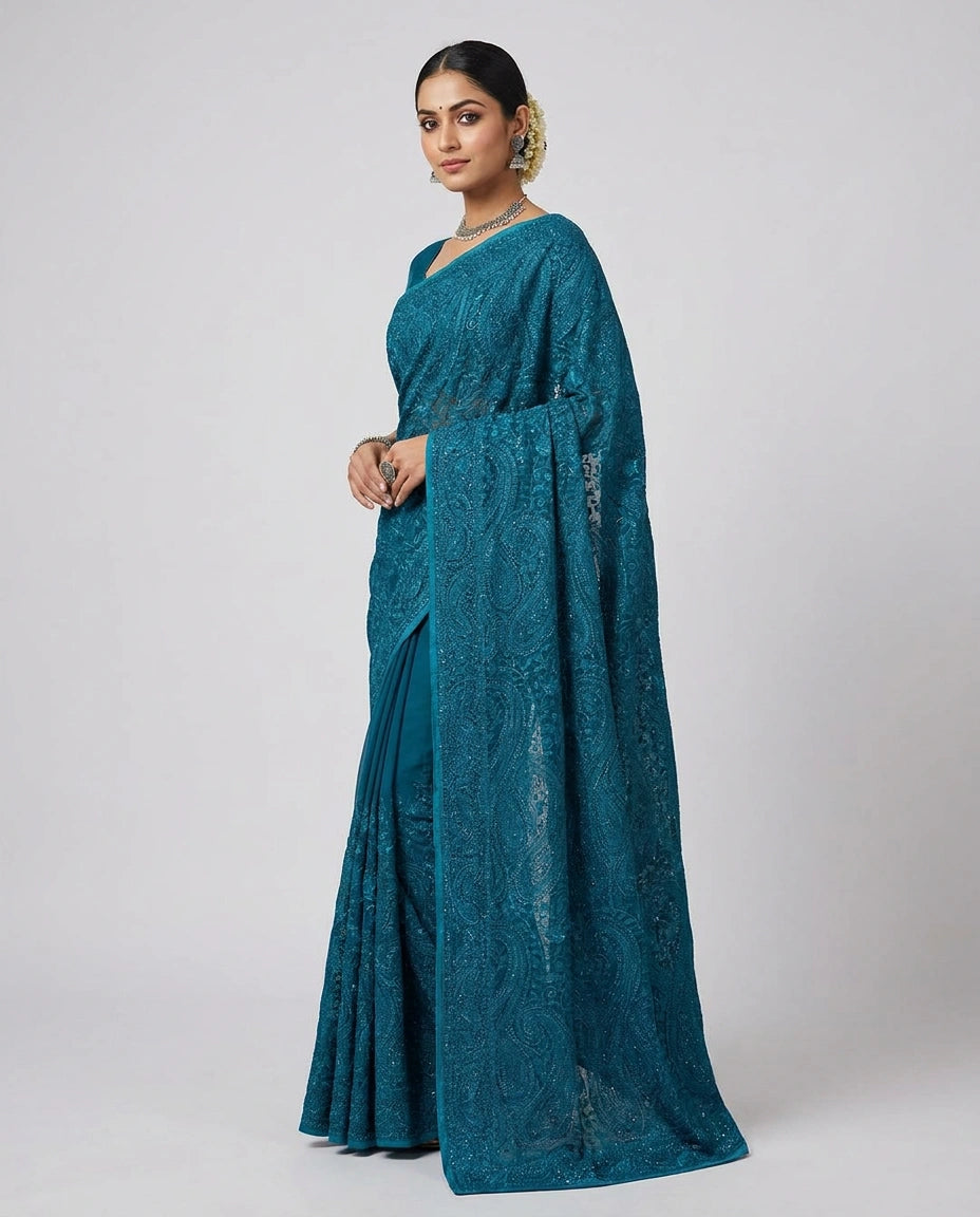 Peacock Blue Floral Embroidered Georgette Saree with Heavy Sequin Work