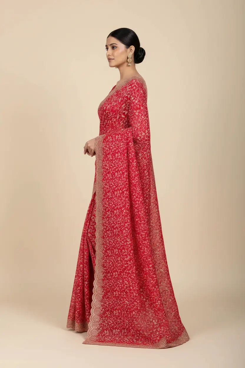 Woman wearing a red floral dress with a beige background