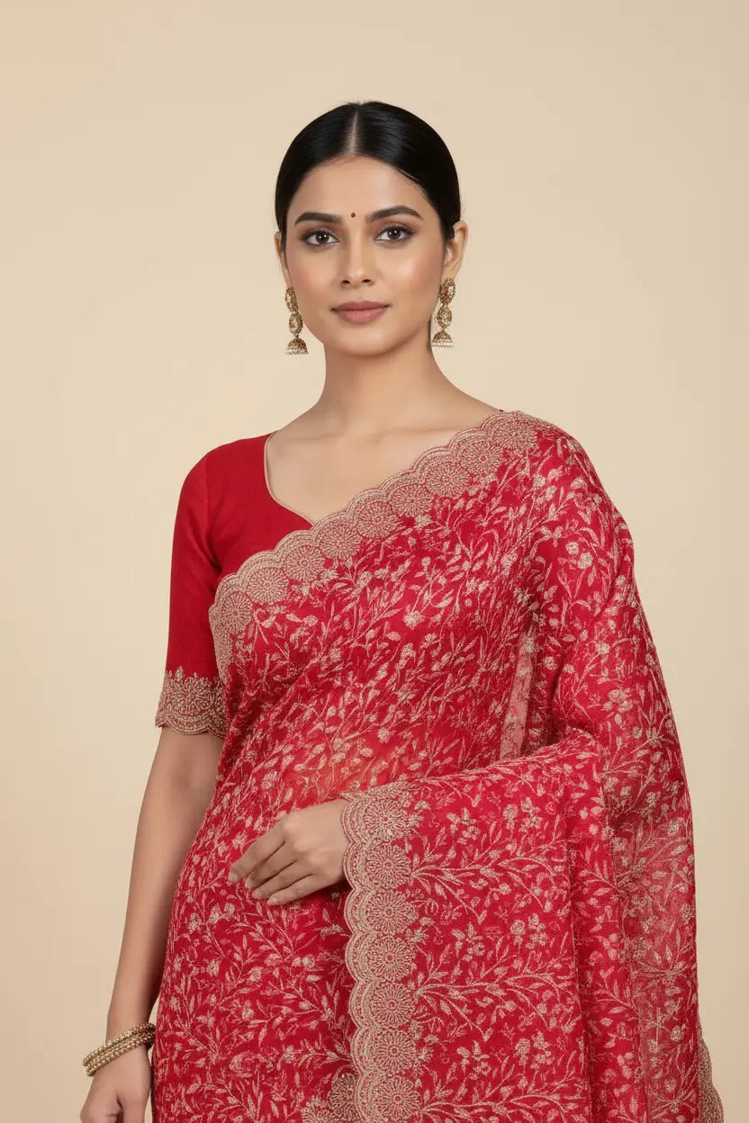 Woman wearing a red saree with a beige background