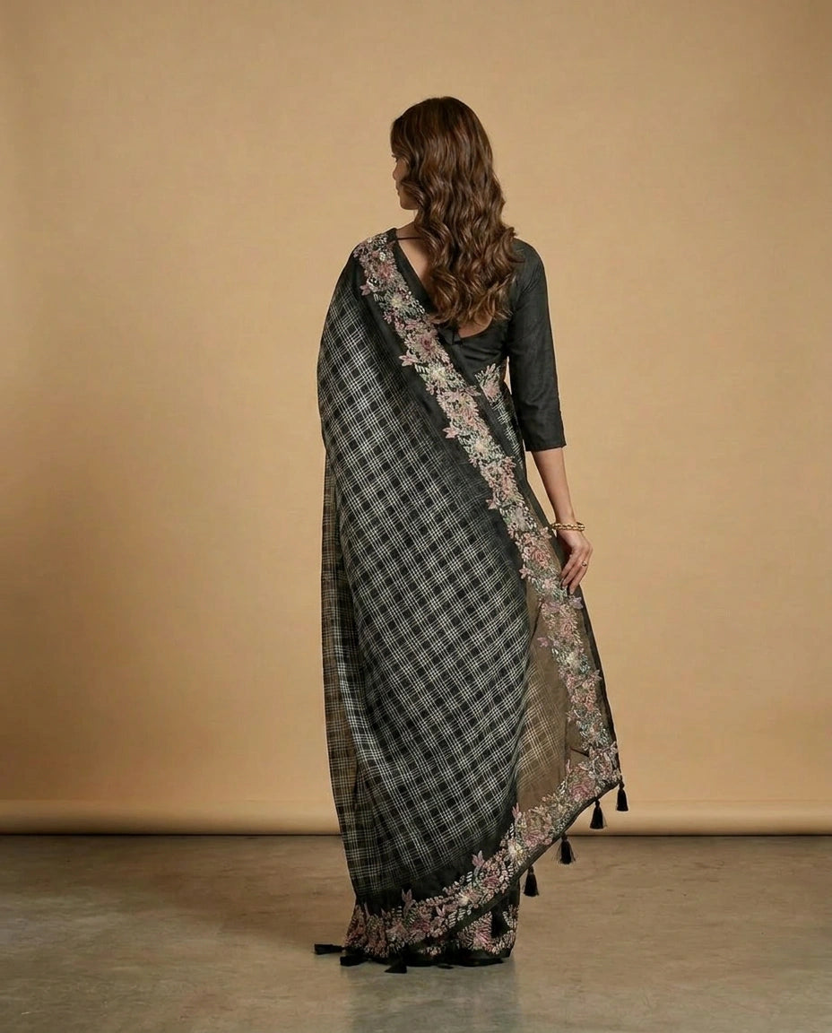 Tussar Linen Saree with Hand-Embroidered Border and Pallu