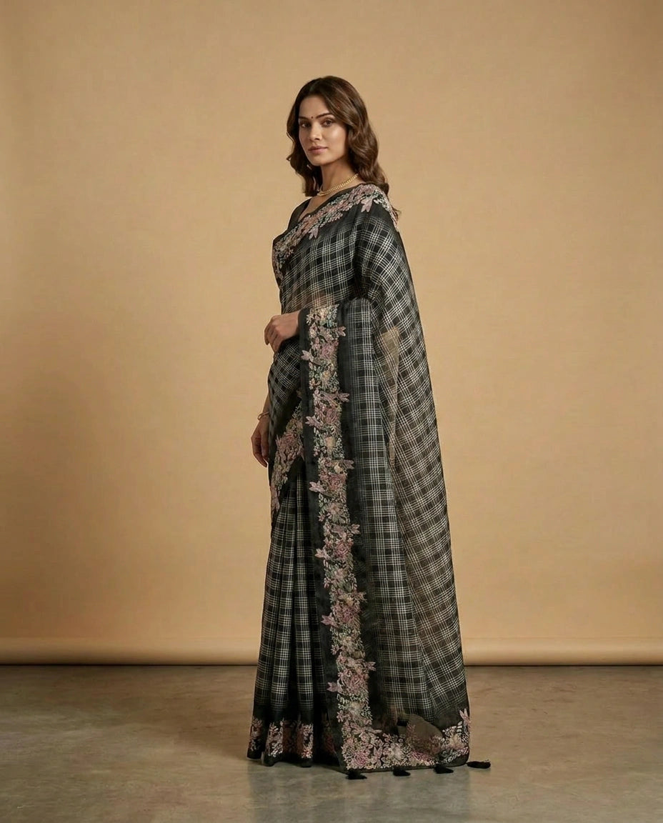 Tussar Linen Saree with Hand-Embroidered Border and Pallu