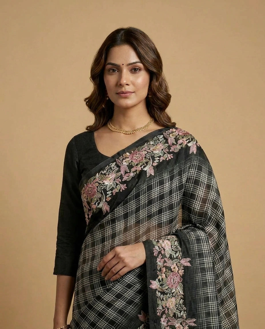 Tussar Linen Saree with Hand-Embroidered Border and Pallu