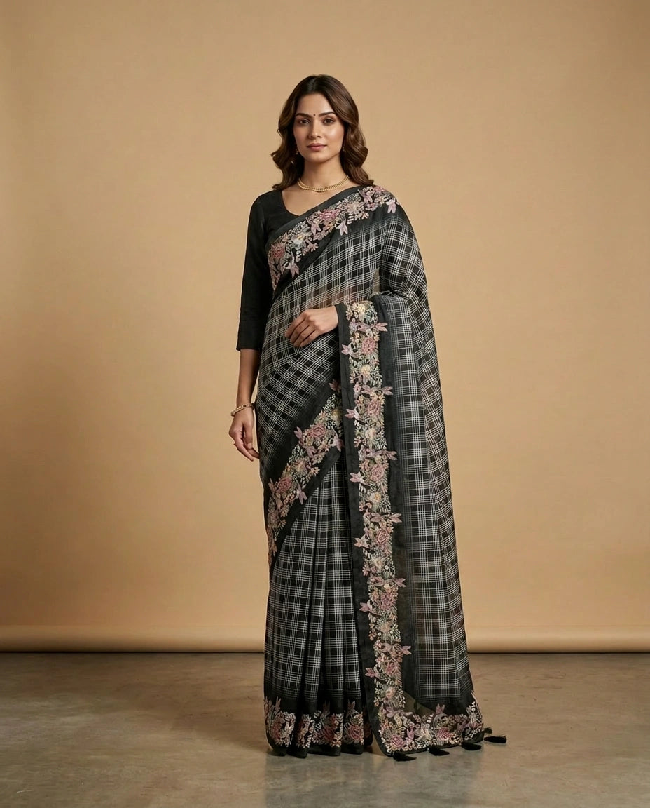 Tussar Linen Saree with Hand-Embroidered Border and Pallu