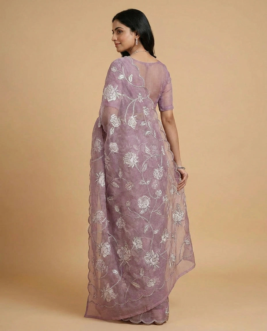 Kota Saree with Hand-Embroidered Floral Motifs on Border view 2