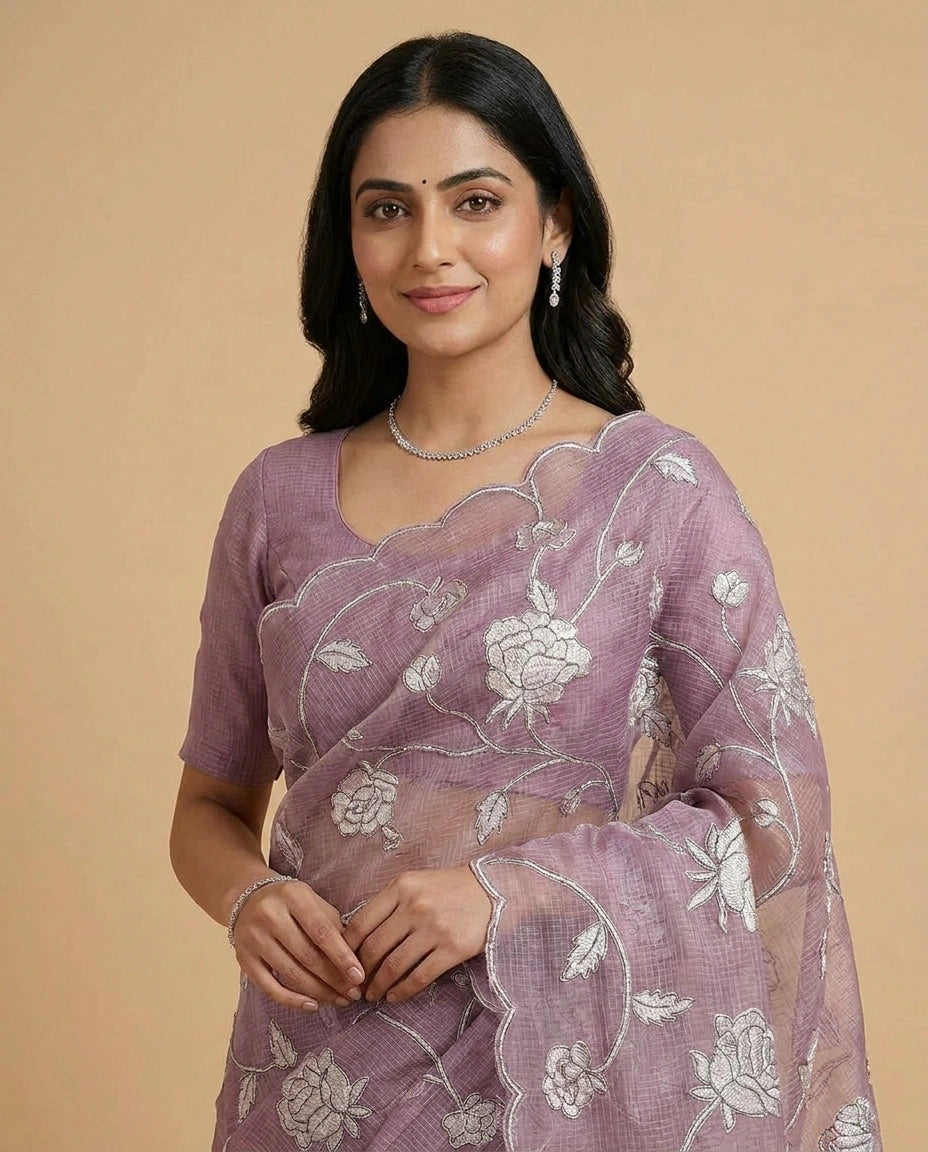Kota Saree with Hand-Embroidered Floral Motifs on Border view 3