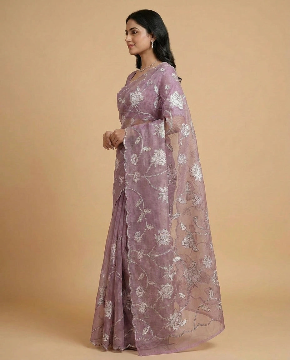 Kota Saree with Hand-Embroidered Floral Motifs on Border view 4