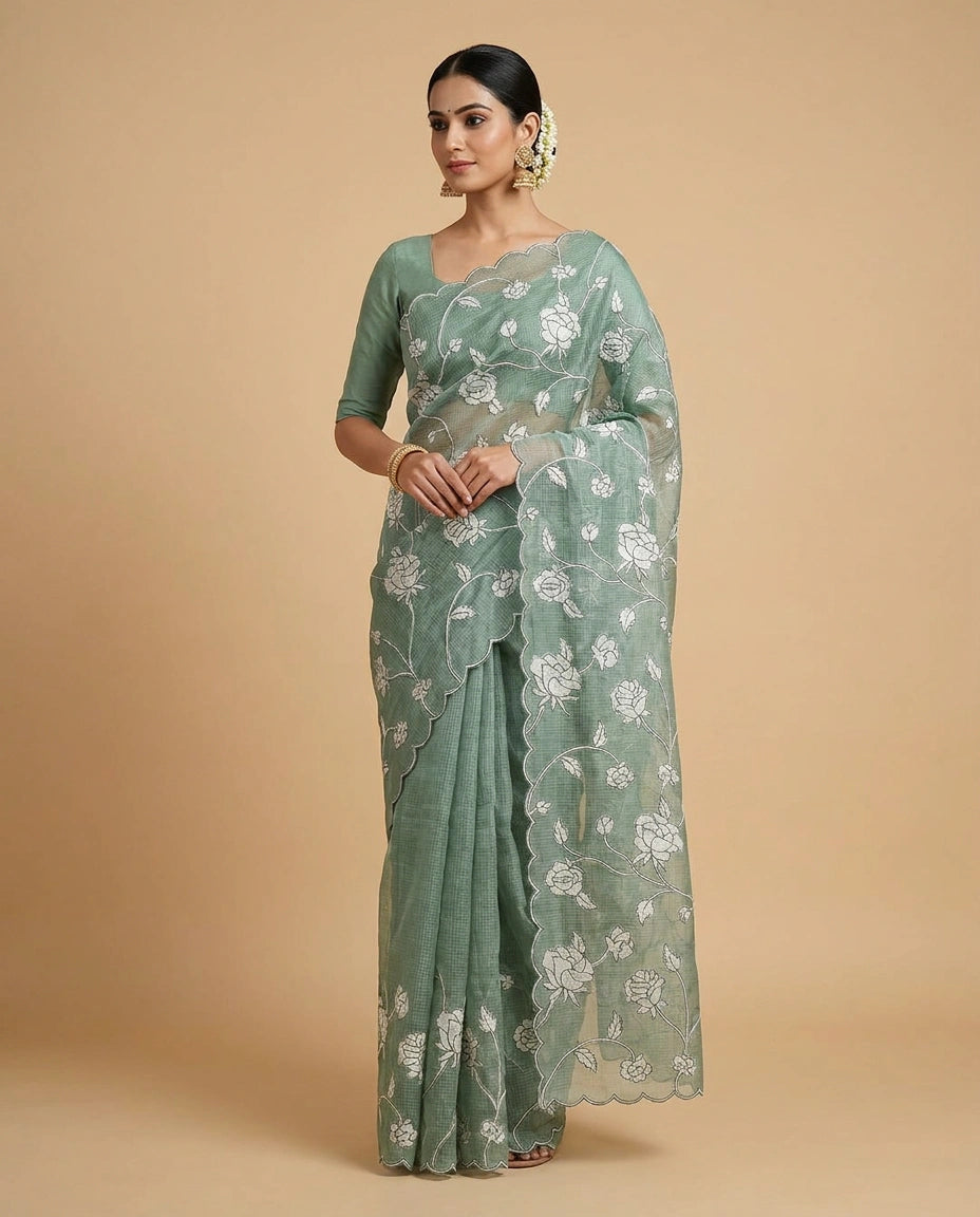 Kota Saree with Hand-Embroidered Floral Motifs on Border view 5