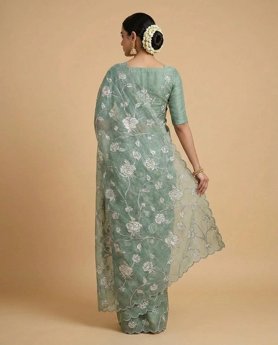 Kota Saree with Hand-Embroidered Floral Motifs on Border view 6