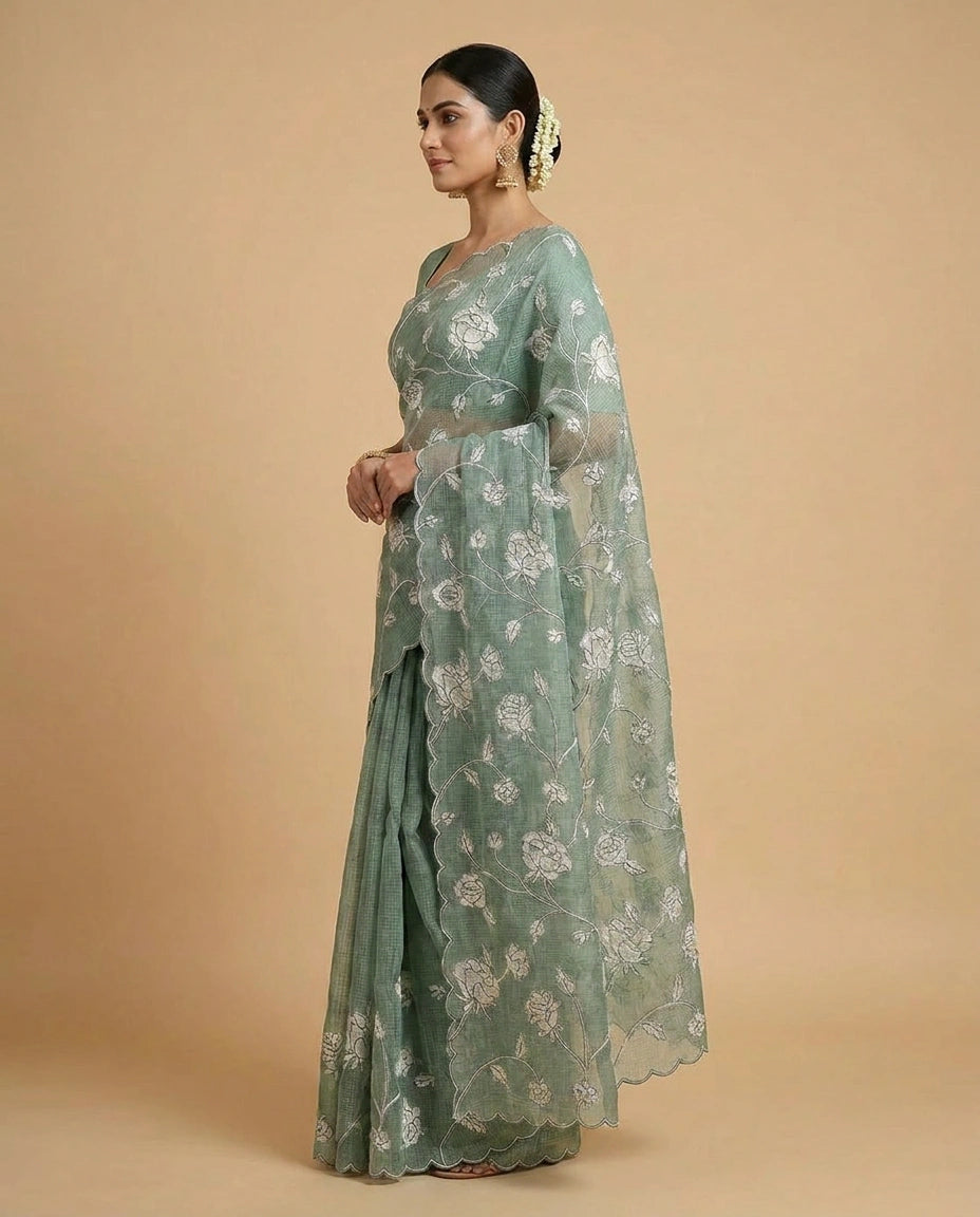 Kota Saree with Hand-Embroidered Floral Motifs on Border view 7