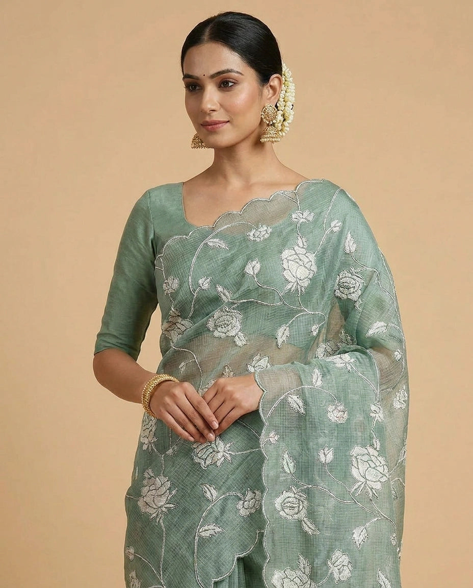 Kota Saree with Hand-Embroidered Floral Motifs on Border view 8