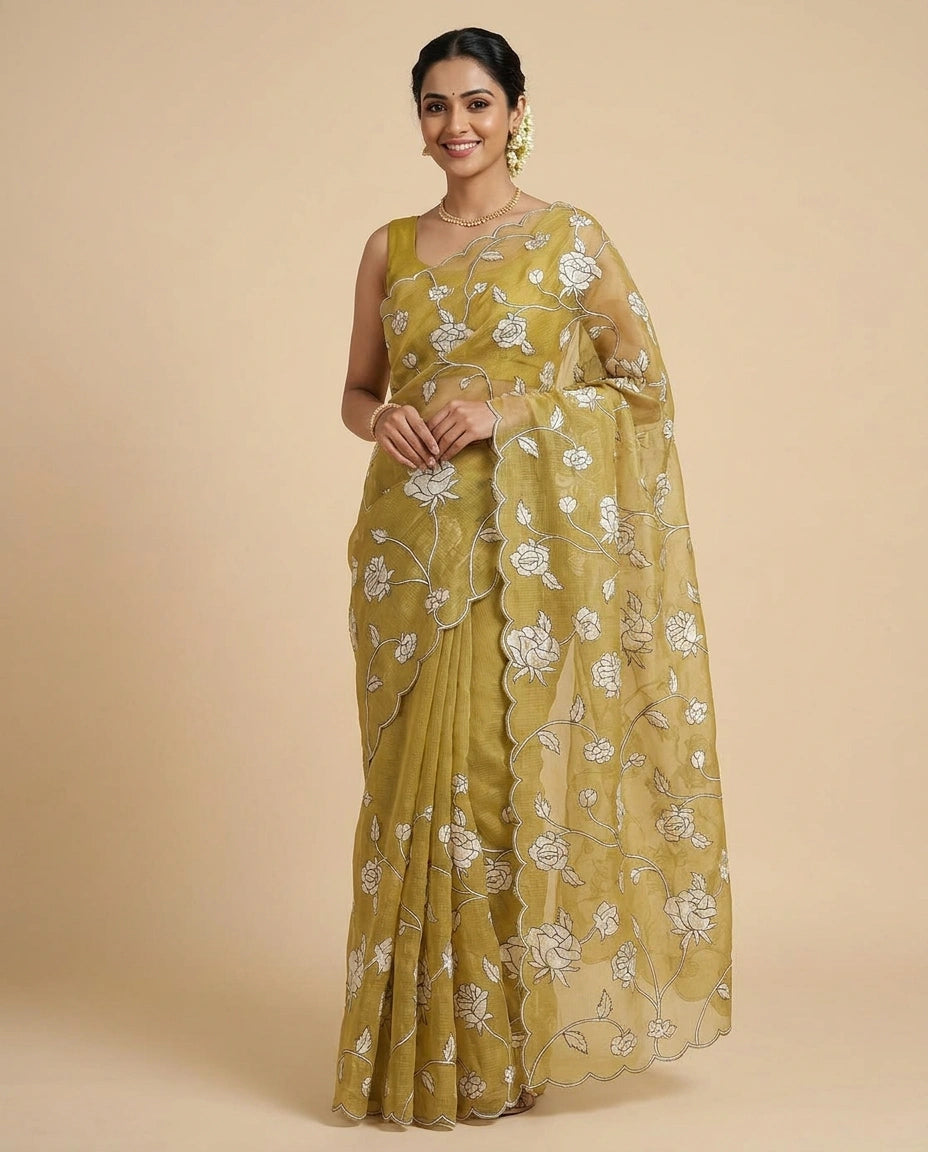 Kota Saree with Hand-Embroidered Floral Motifs on Border view 9