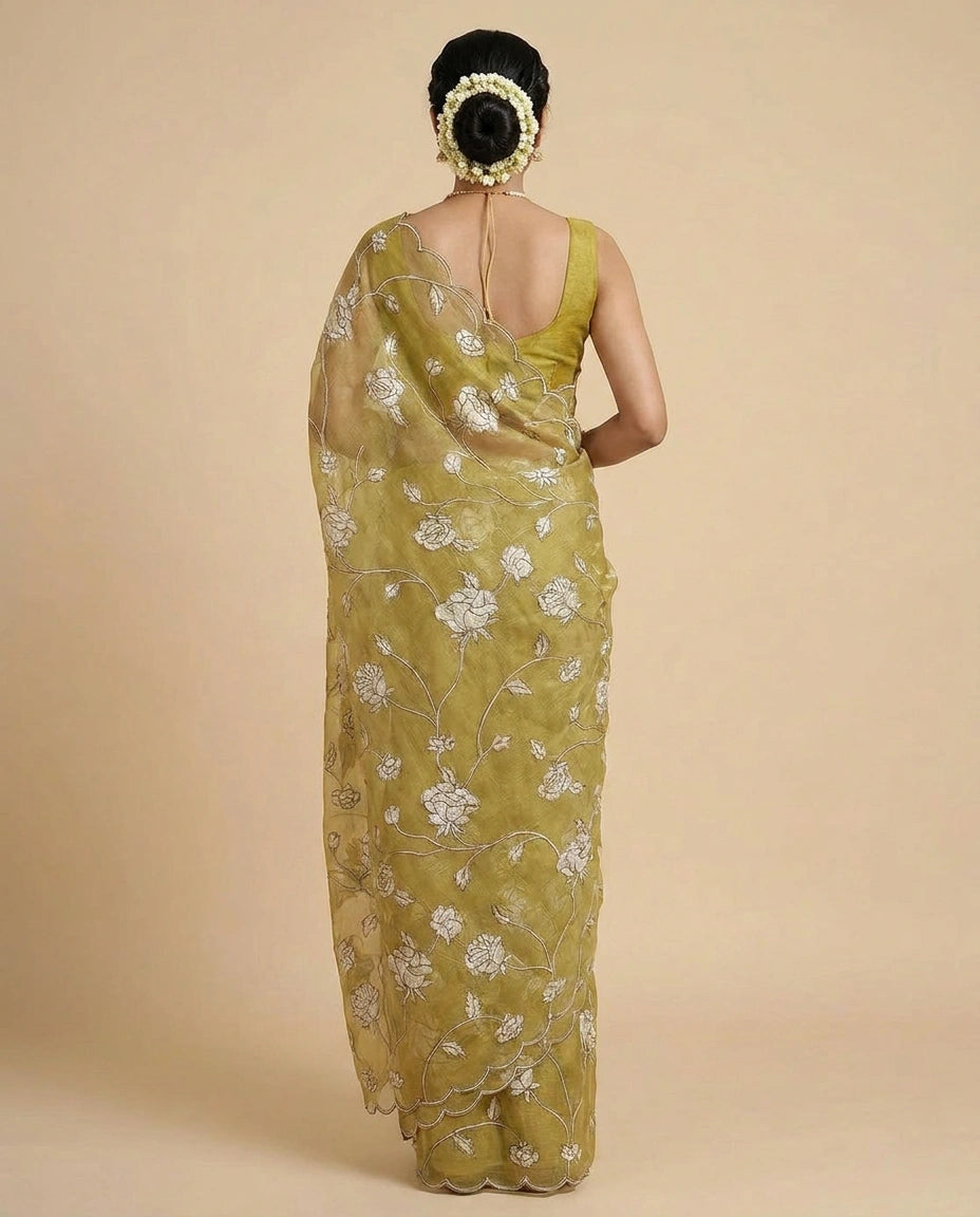 Kota Saree with Hand-Embroidered Floral Motifs on Border view 10